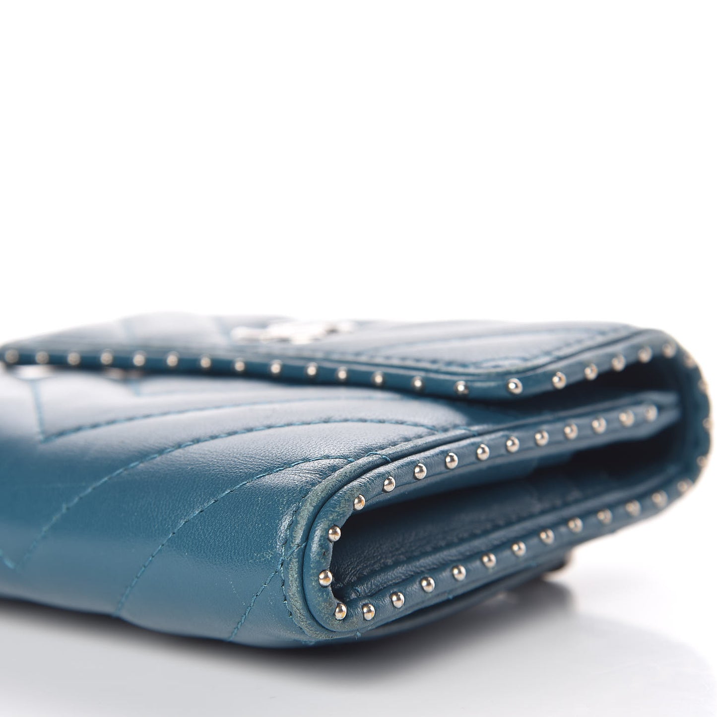 Lambskin Chevron Quilted Studded Compact Flap Wallet Blue