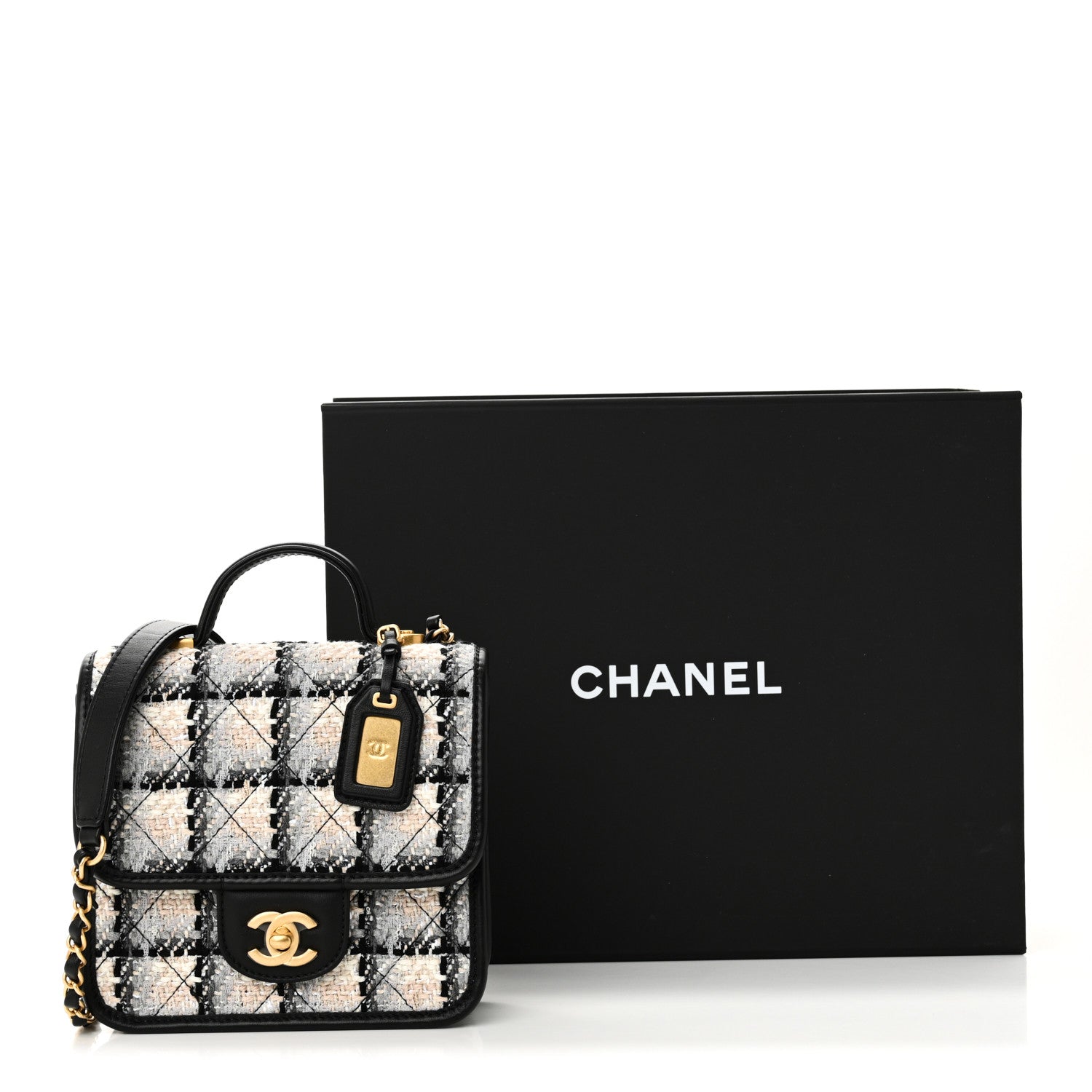 Chanel Tweed Calfskin School Memory Mini Top Handle Flap Ecru Grey Beige Black 11 of 11