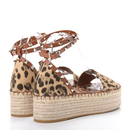 Valentino Garavani Canvas Leopard Print Rockstud Ankle Wrap Espadrille Flatform Sandals 41 Brown 4 of 8