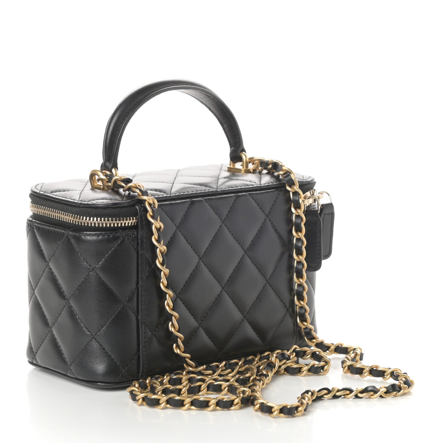 Lambskin Quilted Small Top Handle Vanity Case With Chain Black