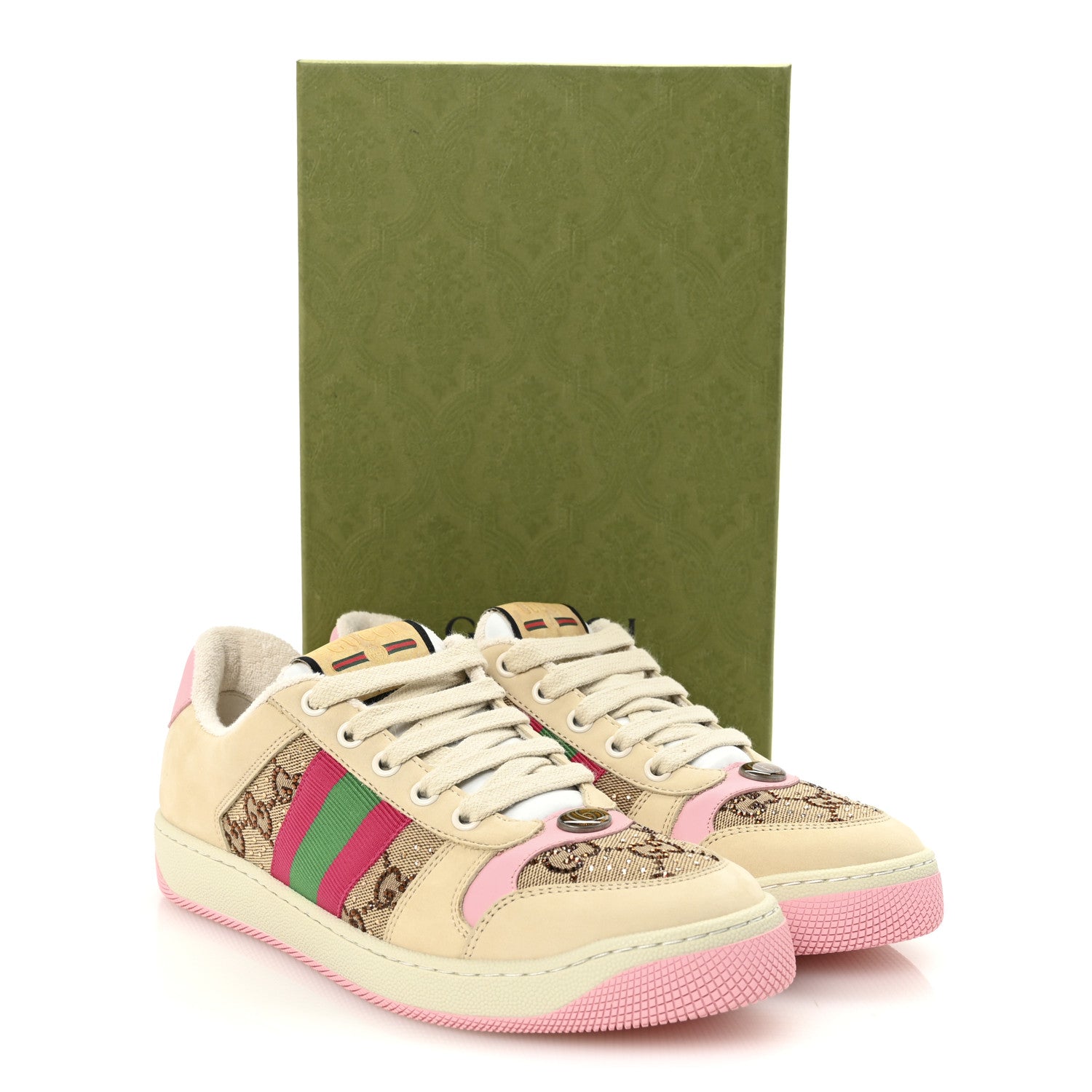 Gucci Calfskin GG Supreme Crystals Web Screener Sneakers 38 Beige Ebony Wild Rose 9 of 9
