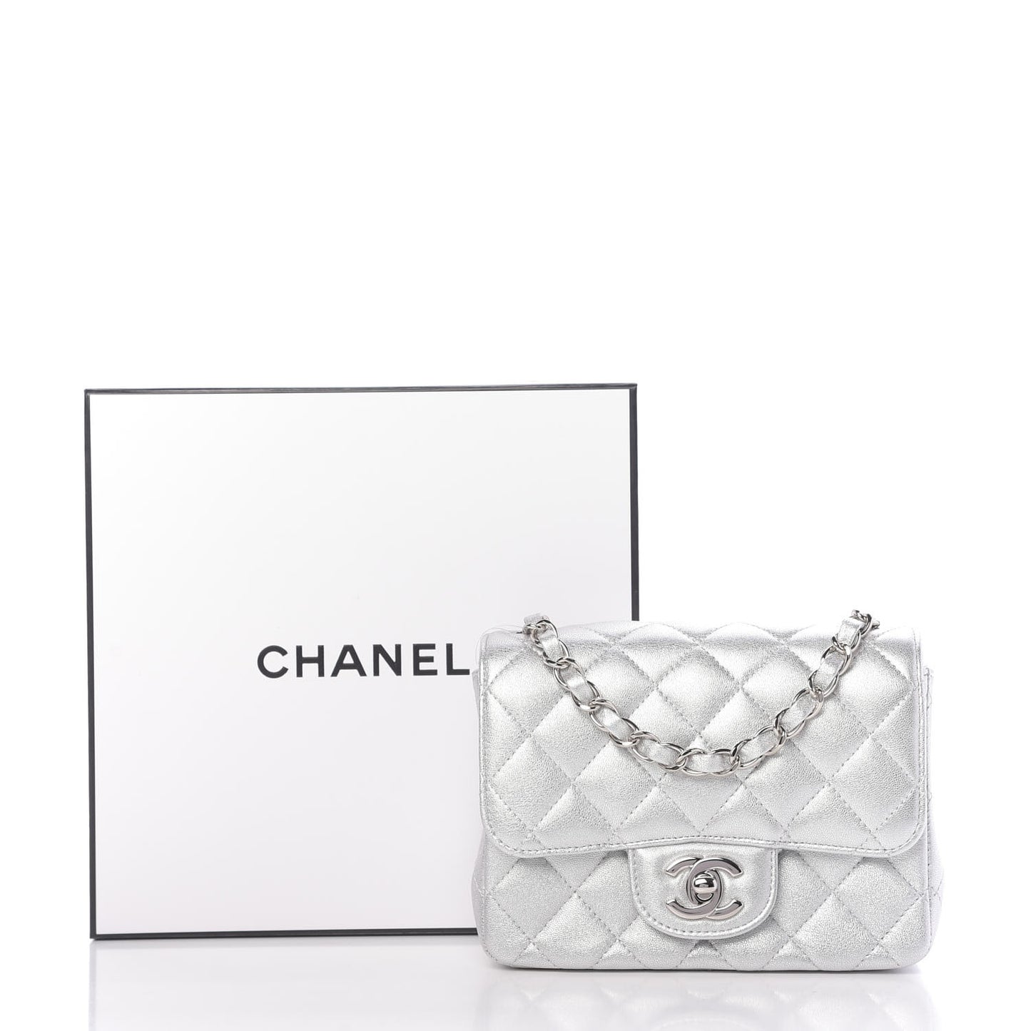 Metallic Lambskin Quilted Mini Square Flap Silver
