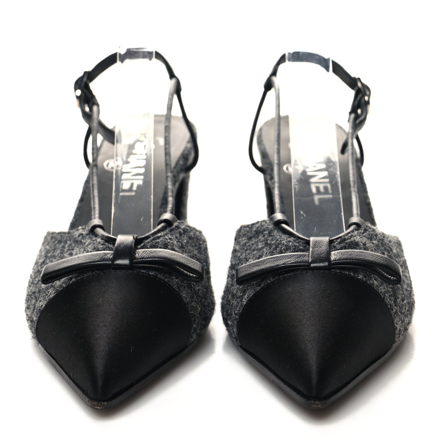 Tweed Satin Slingback Cap Toe Bow Pumps 36 Grey Black
