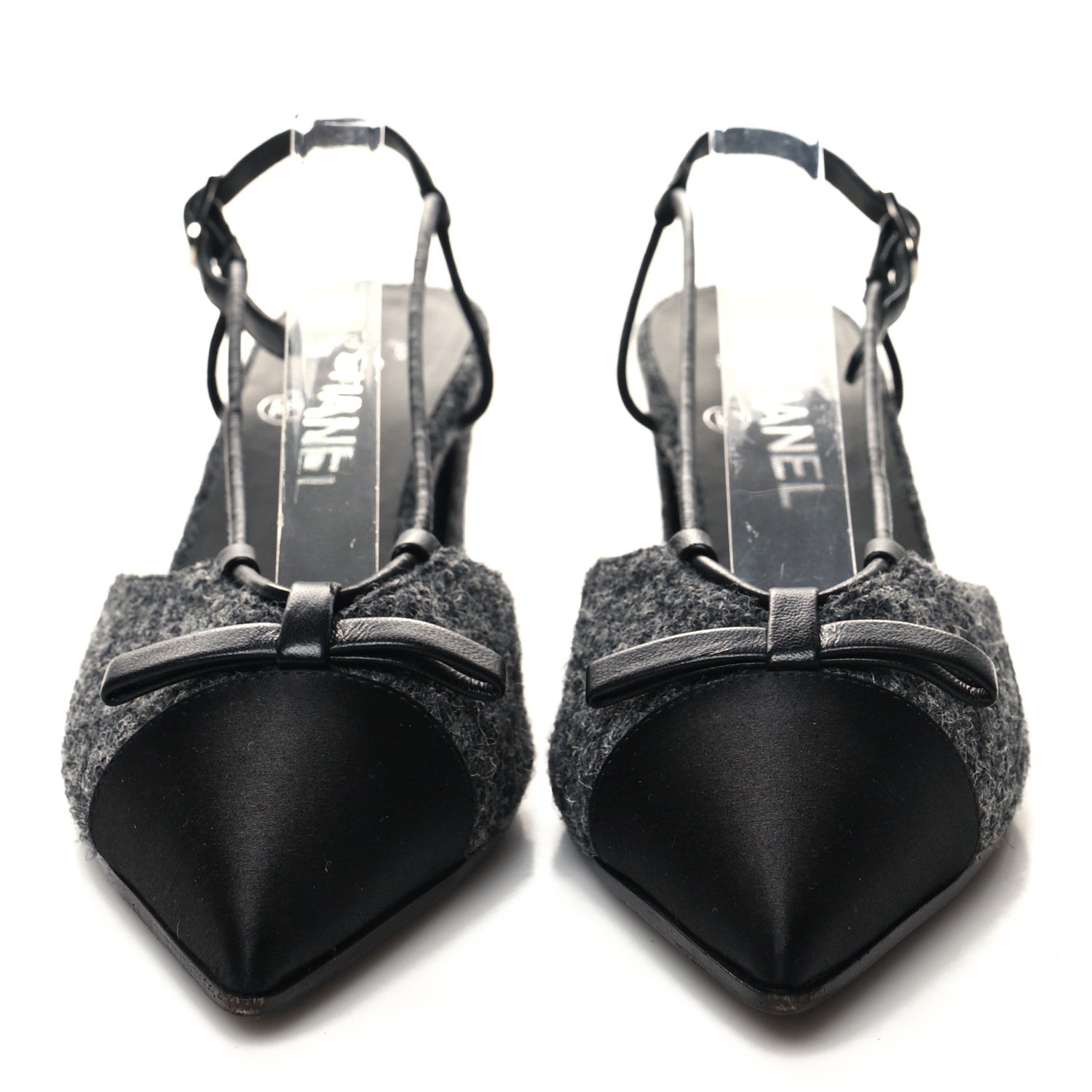 Chanel Tweed Satin Slingback Cap Toe Bow Pumps 36 Grey Black 2 of 8