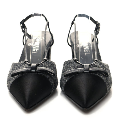 Chanel Tweed Satin Slingback Cap Toe Bow Pumps 36 Grey Black 2 of 8