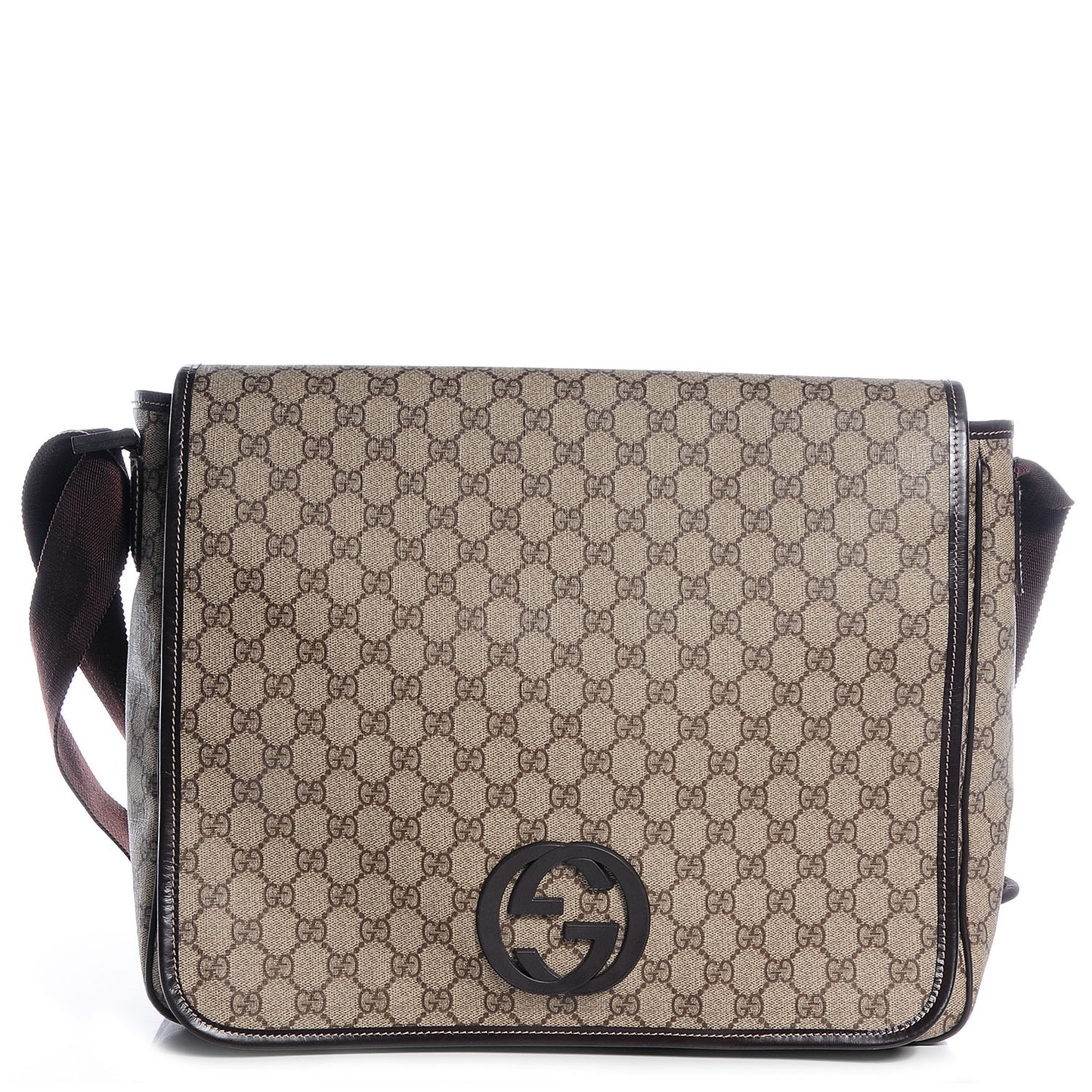 GG Supreme Monogram Large Interlocking G Flap Messenger Bag Beige Dark Brown
