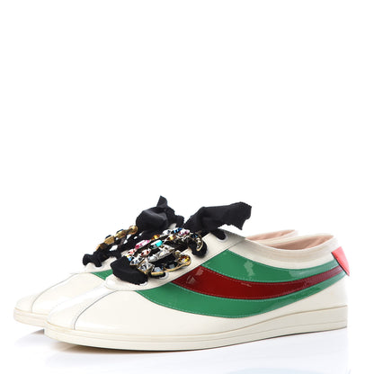 Gucci Patent Crystal Web GG Womens Falacer Sneakers 40 Mystic White New Shamarock Red 3 of 11