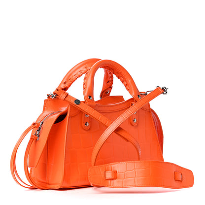 Balenciaga Semi Shiny Calfskin Crocodile Embossed Neo Classic Silver Hardware Mini City Orange 2 of 4