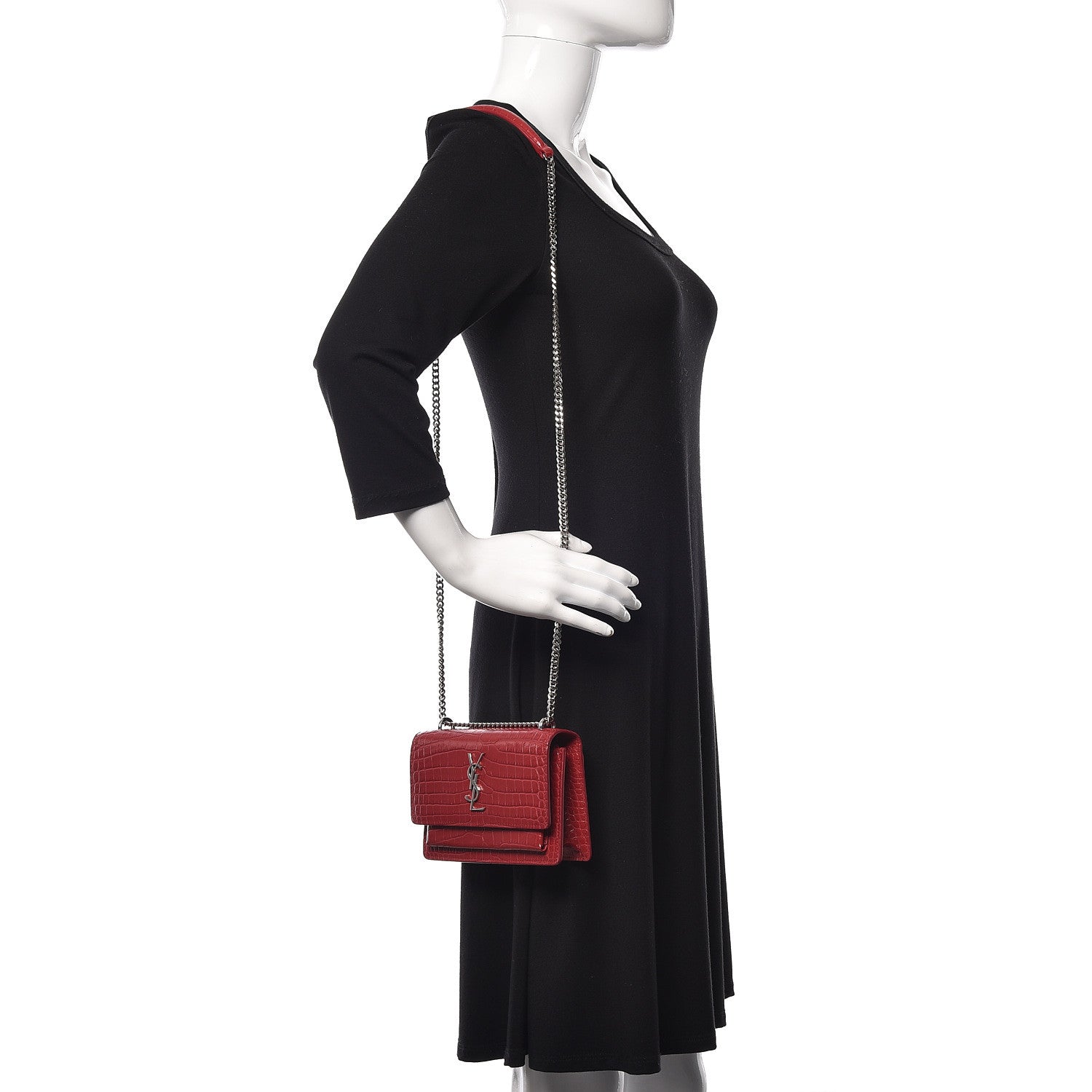 Saint Laurent Calfskin Crocodile Embossed Monogram Sunset Chain Wallet New Lipstick Red 1 of 9