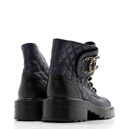 Chanel Shiny Lambskin Quilted Lace Up Combat Boots 36.5 Navy Black 5 of 10