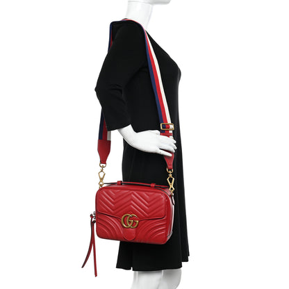 Gucci Calfskin Matelasse Sylvie Web Small GG Marmont Top Handle Shoulder Bag Hibiscus Red 2 of 10