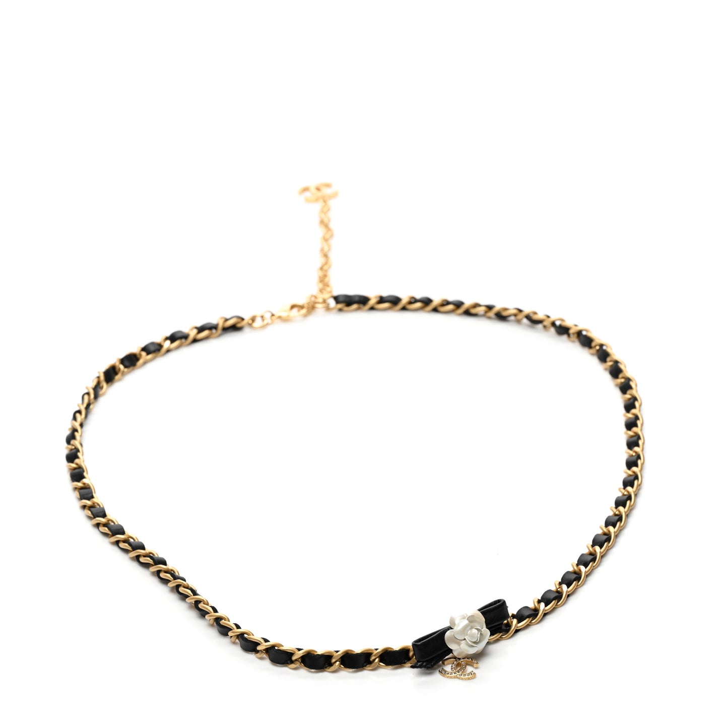 Calfskin Crystal Chain Camellia Belt 90 36 Black Gold