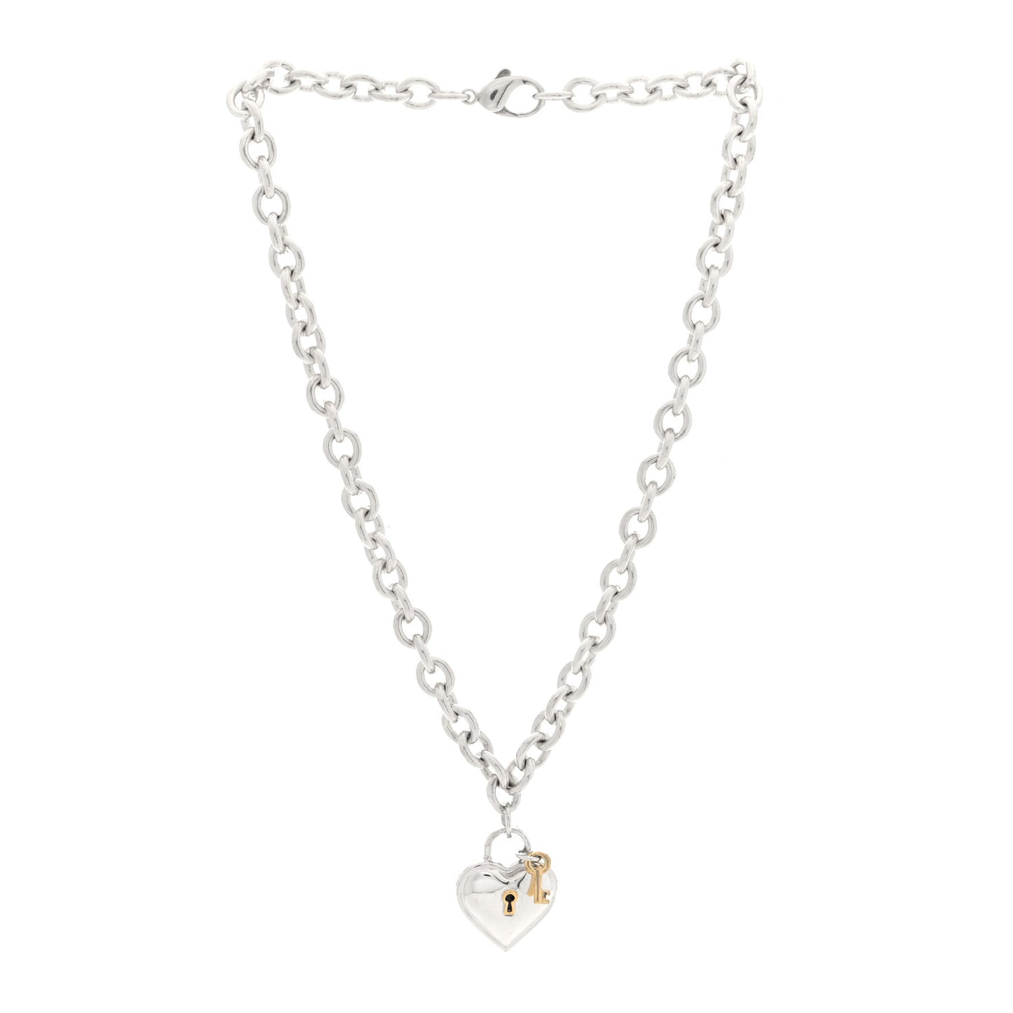 Sterling Silver 18K Yellow Gold Heart Lock Key Pendant Necklace