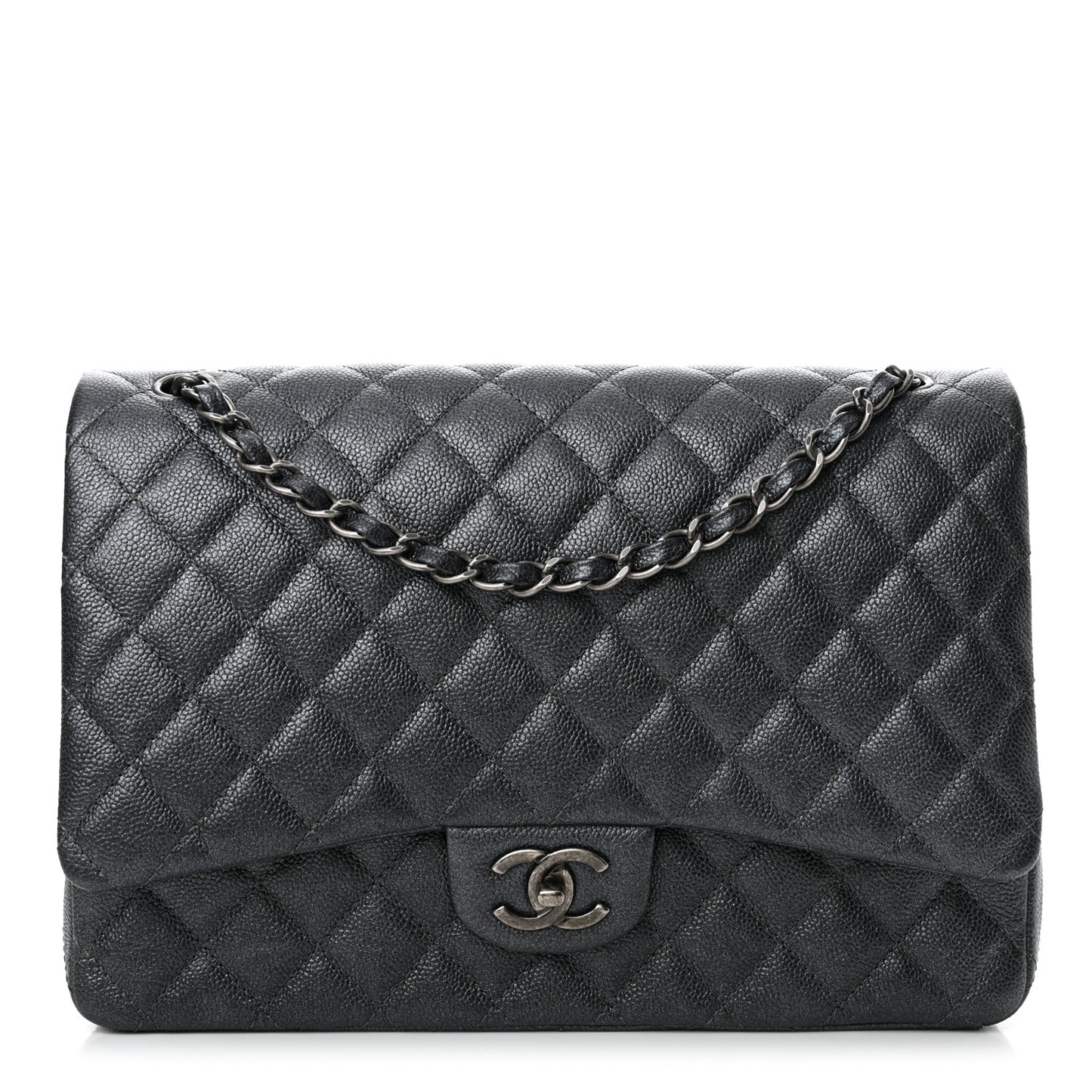 Metallic Caviar Quilted Maxi Double Flap Charcoal