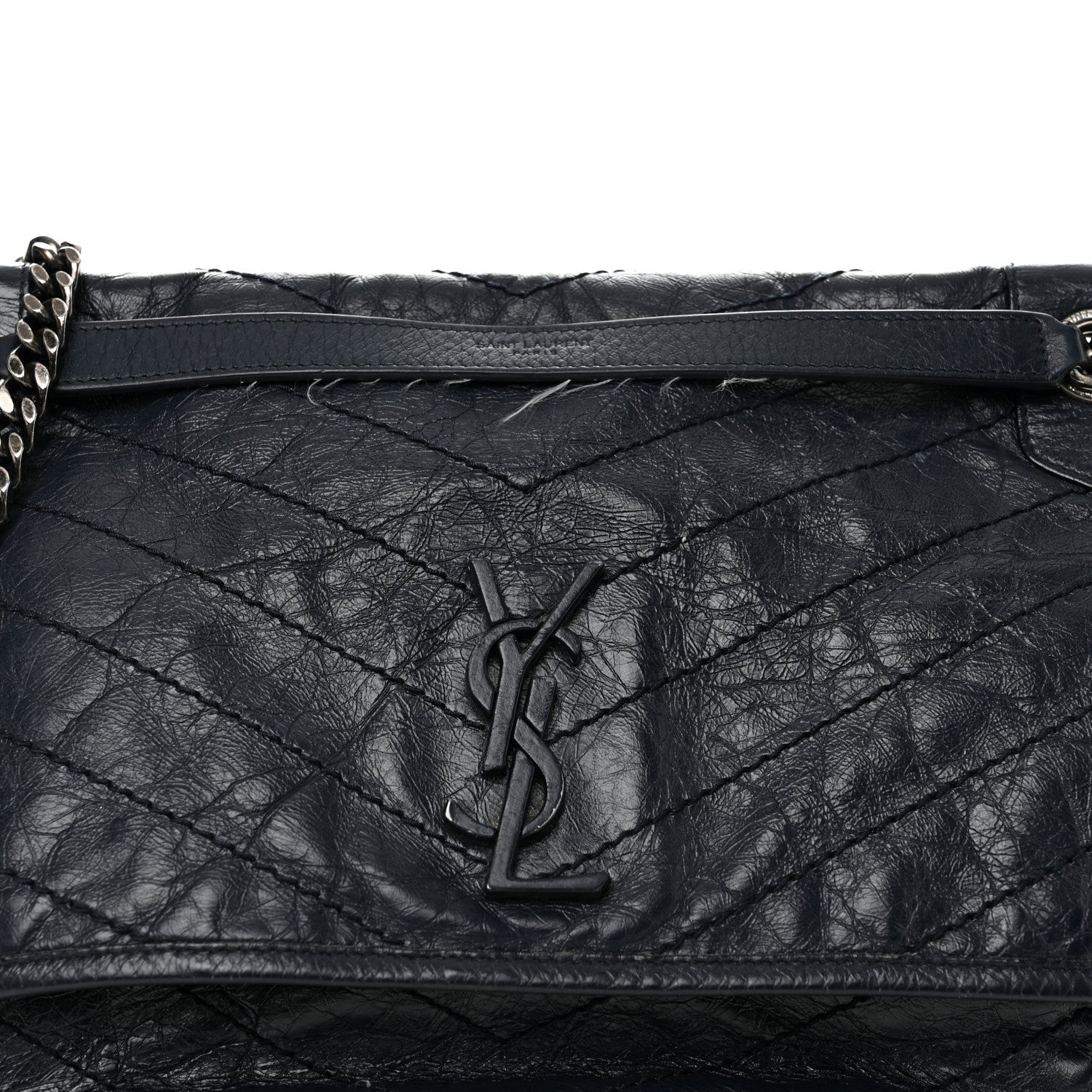 Saint Laurent Crinkled Calfskin Matelasse Monogram Large Niki Chain Satchel Deep Marine 8 of 16