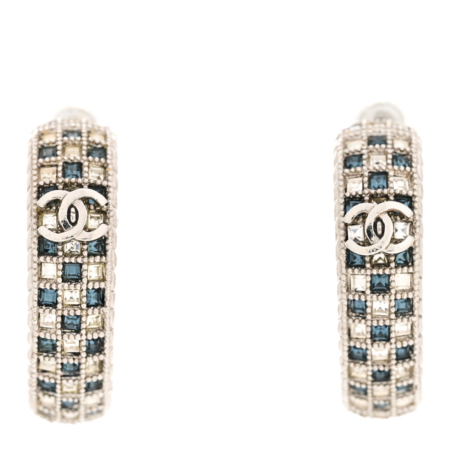Chanel Crystal CC Hoop Earrings Silver Blue 1 of 5