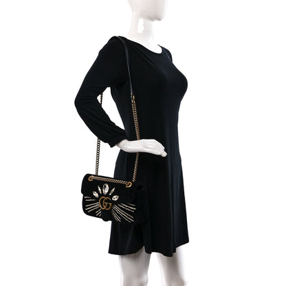 Gucci Velvet Matelasse Marquise Crystals Embroidered Small GG Marmont Shoulder Bag Black 2 of 9