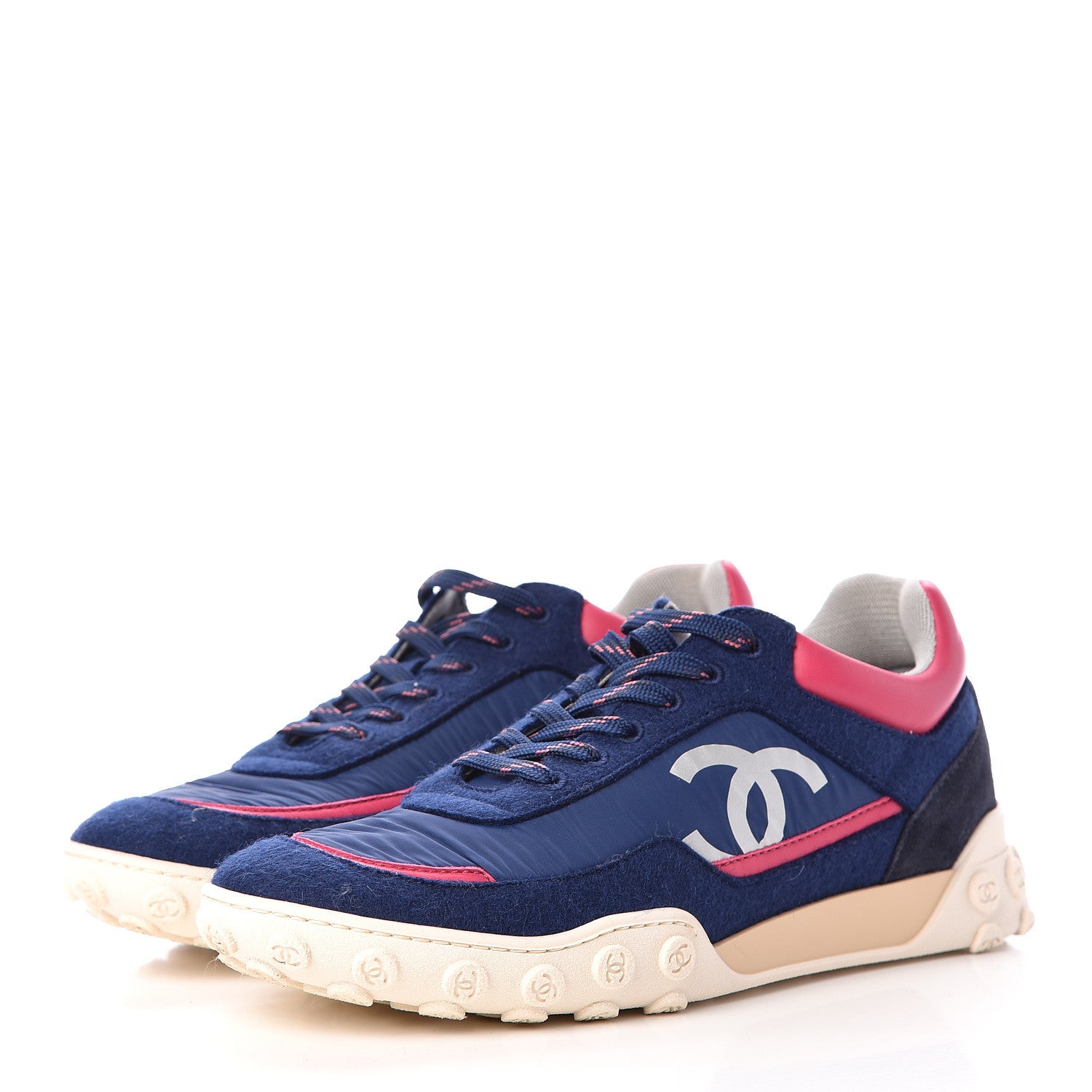 Chanel Wool Nylon Lambskin Suede Calfskin Womens Logo Sneakers 39.5 Navy Pink 3 of 9