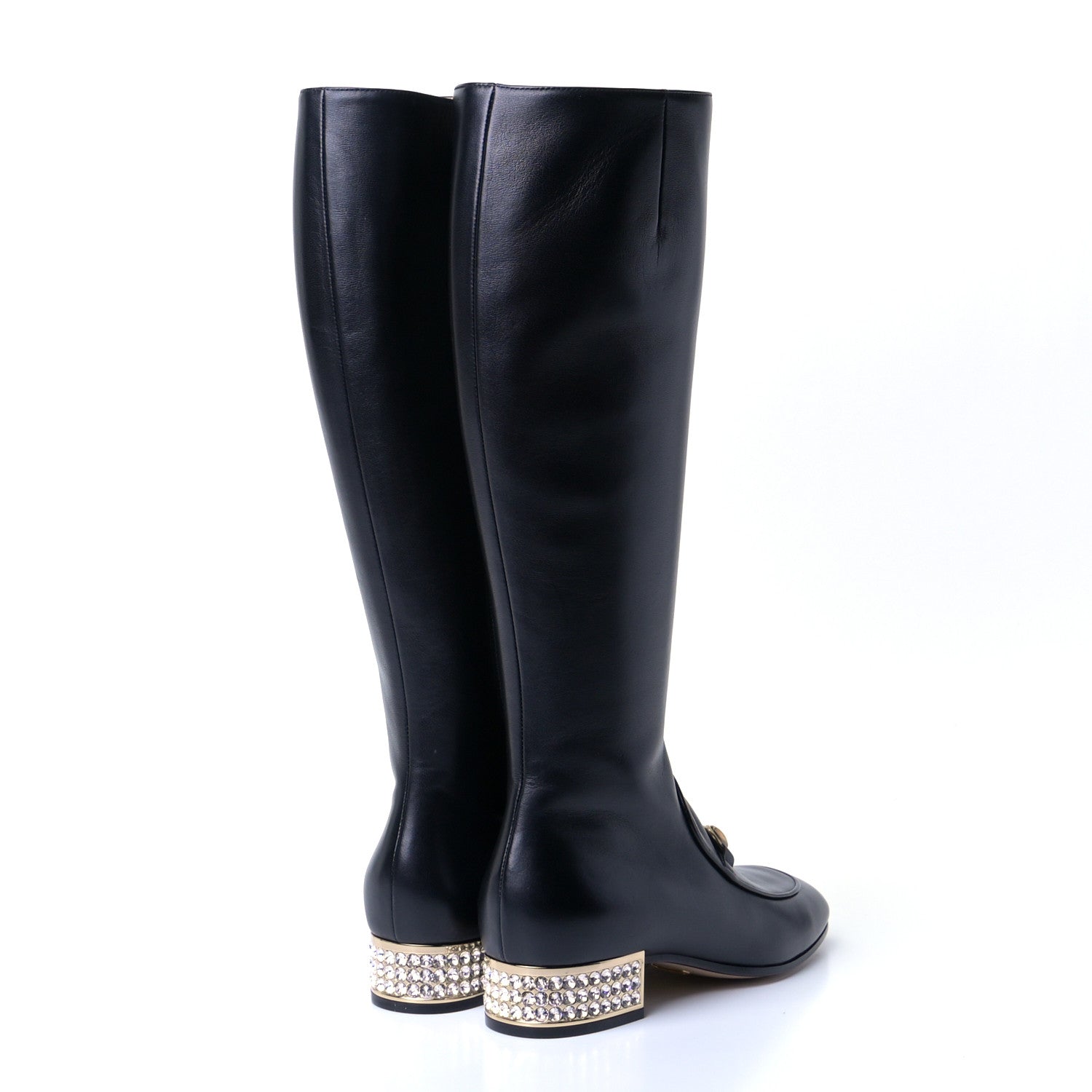 Gucci Calfskin Knee High Horsebit Crystal Heel Boots 35.5 Black 3 of 8