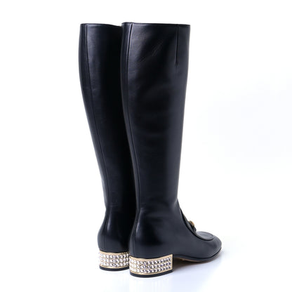 Gucci Calfskin Knee High Horsebit Crystal Heel Boots 35.5 Black 3 of 8