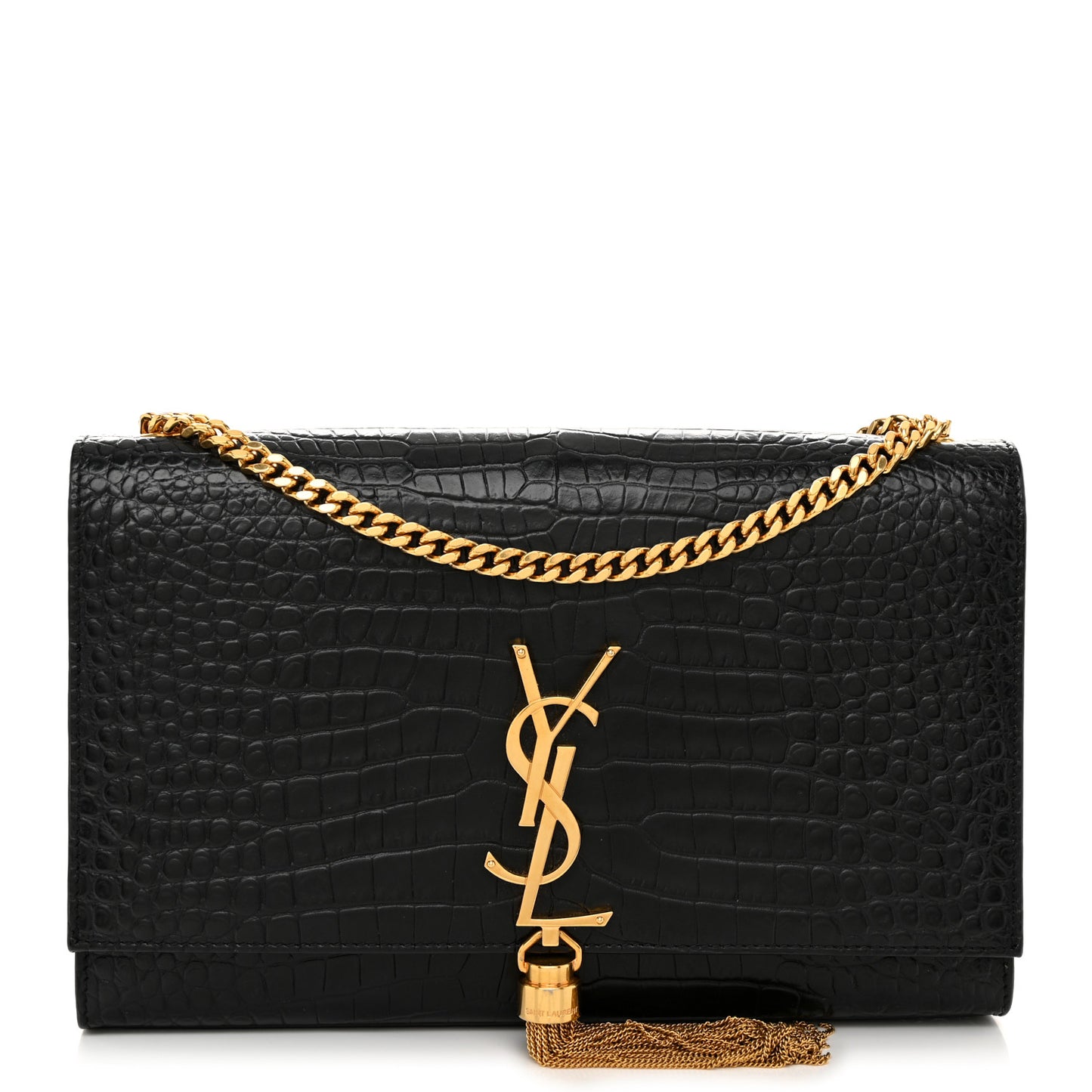 Calfskin Crocodile Embossed Medium Classic Monogram Kate Tassel Satchel Black