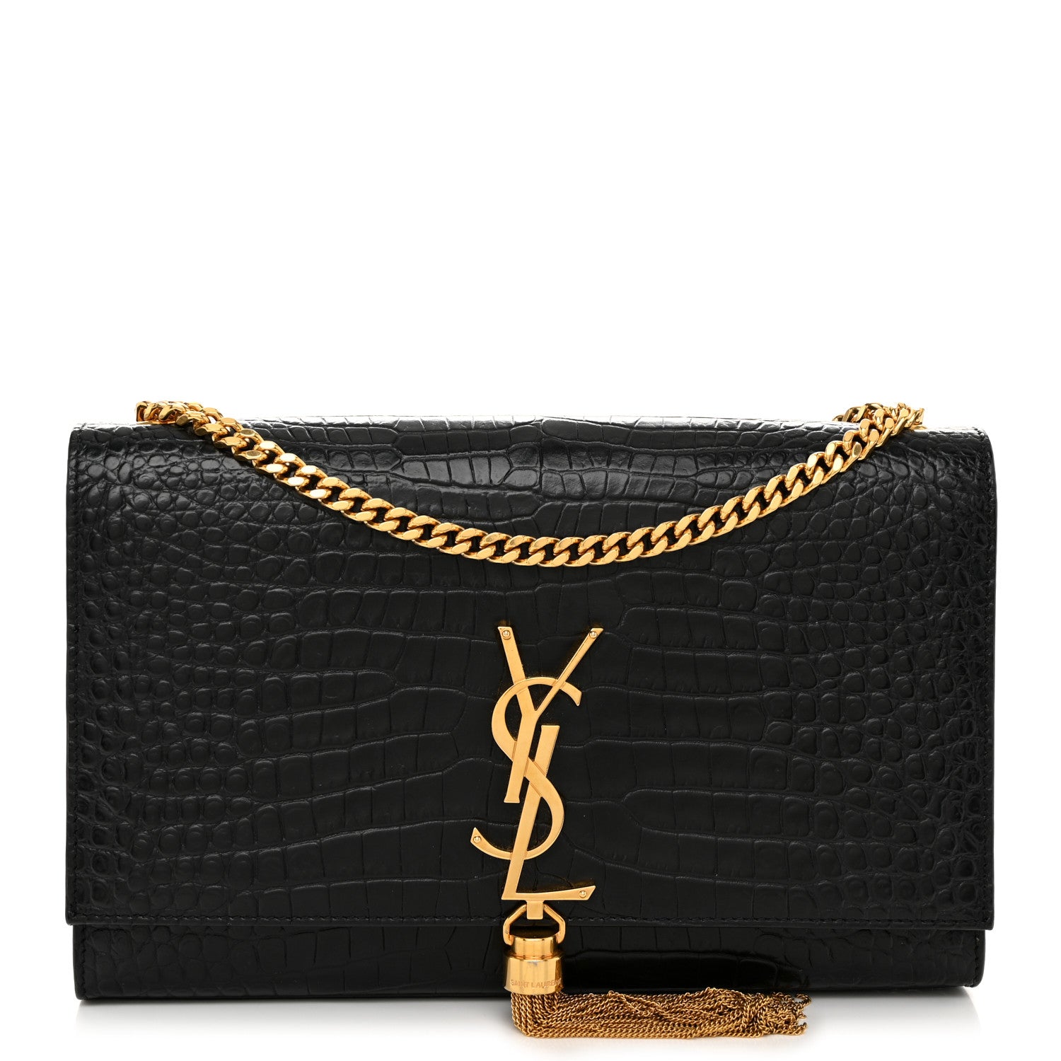 Saint Laurent Calfskin Crocodile Embossed Medium Classic Monogram Kate Tassel Satchel Black 1 of 9