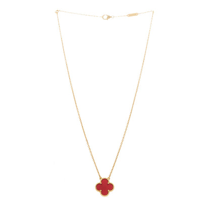 Van Cleef & Arpels 18K Yellow Gold Carnelian Vintage Alhambra Pendant Necklace 3 of 6