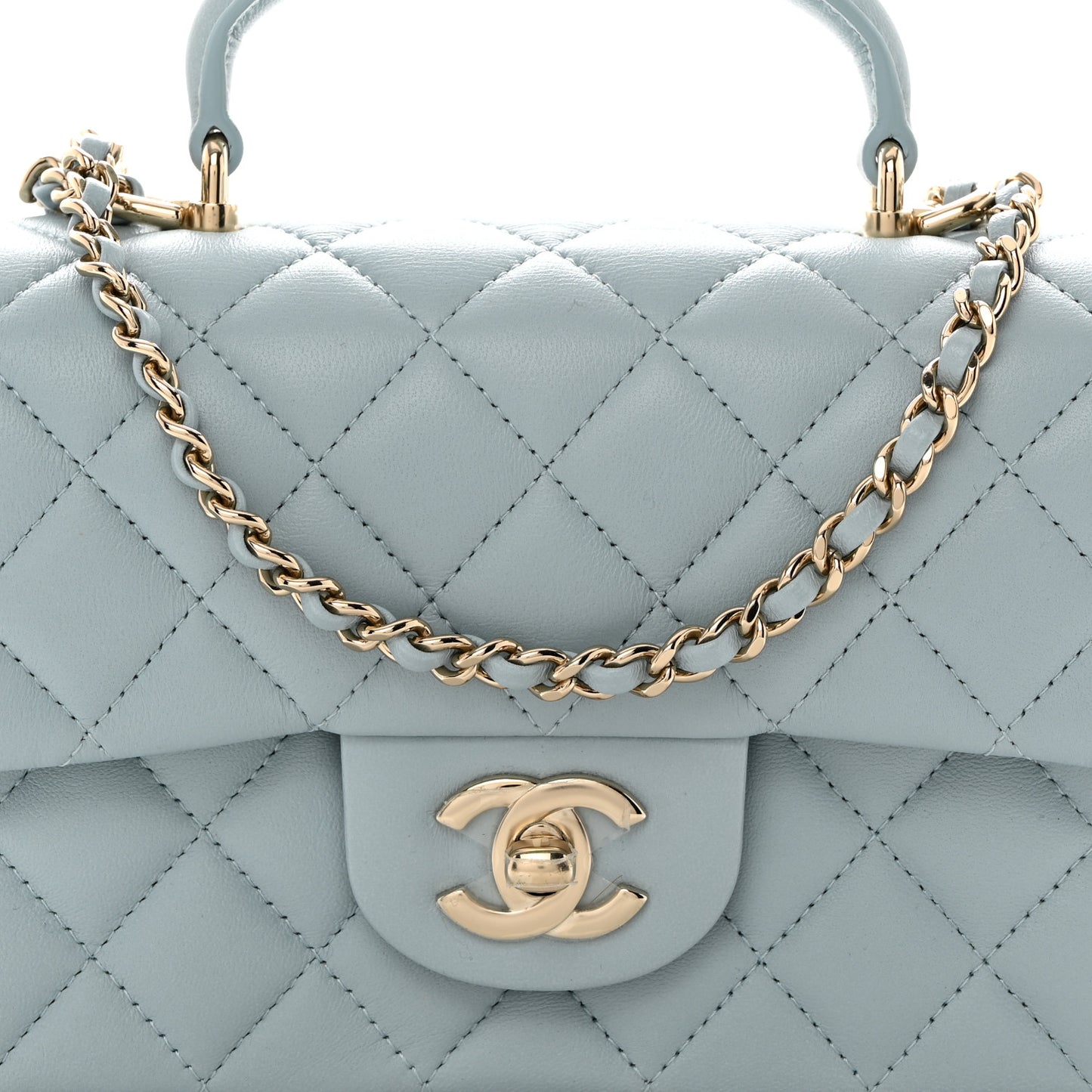 Lambskin Quilted Mini Top Handle Rectangular Flap Light Blue
