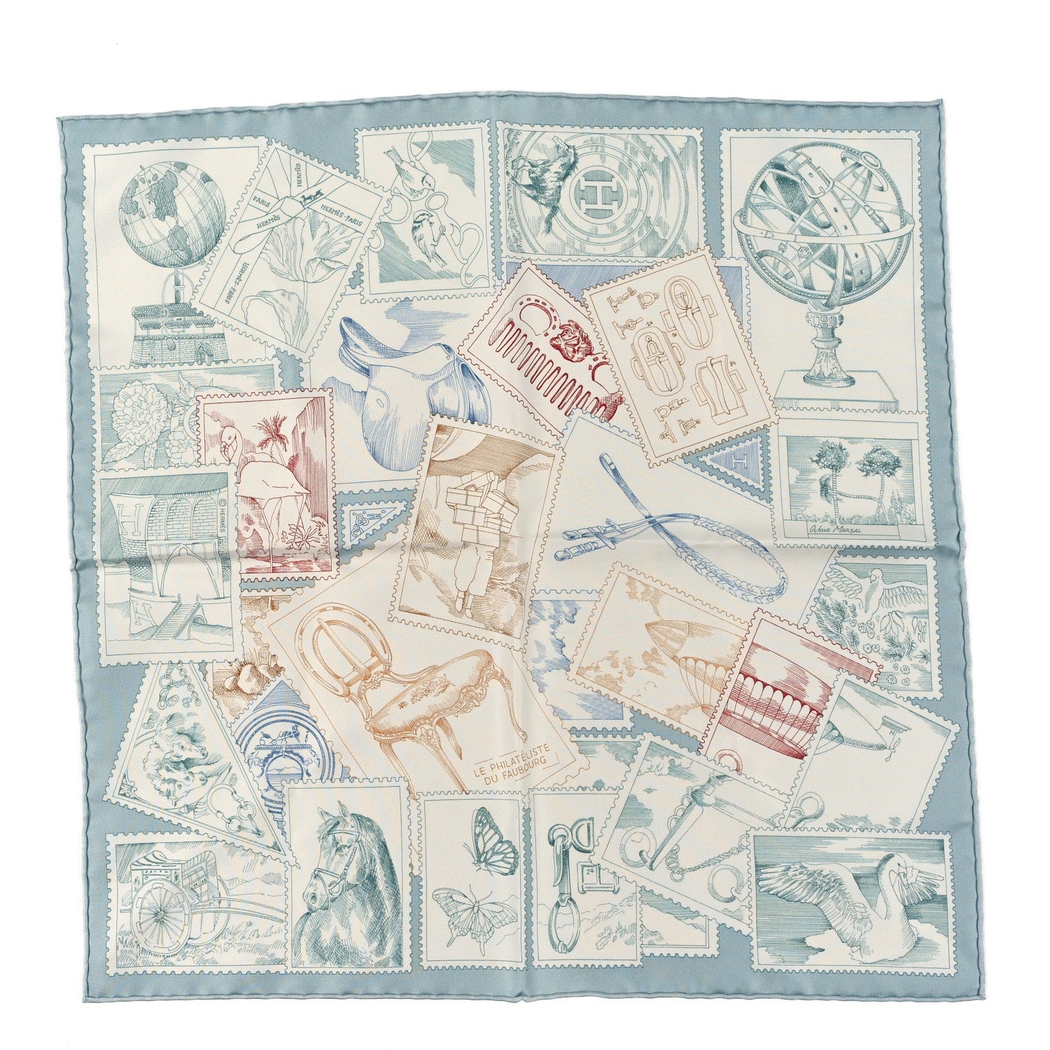 Hermes Silk Le Philateliste Du Faubourg Scarf 45 Bleu Glacier White Beige 1 of 3