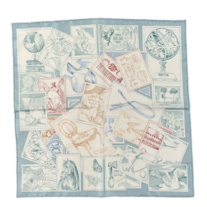 Hermes Silk Le Philateliste Du Faubourg Scarf 45 Bleu Glacier White Beige 1 of 3