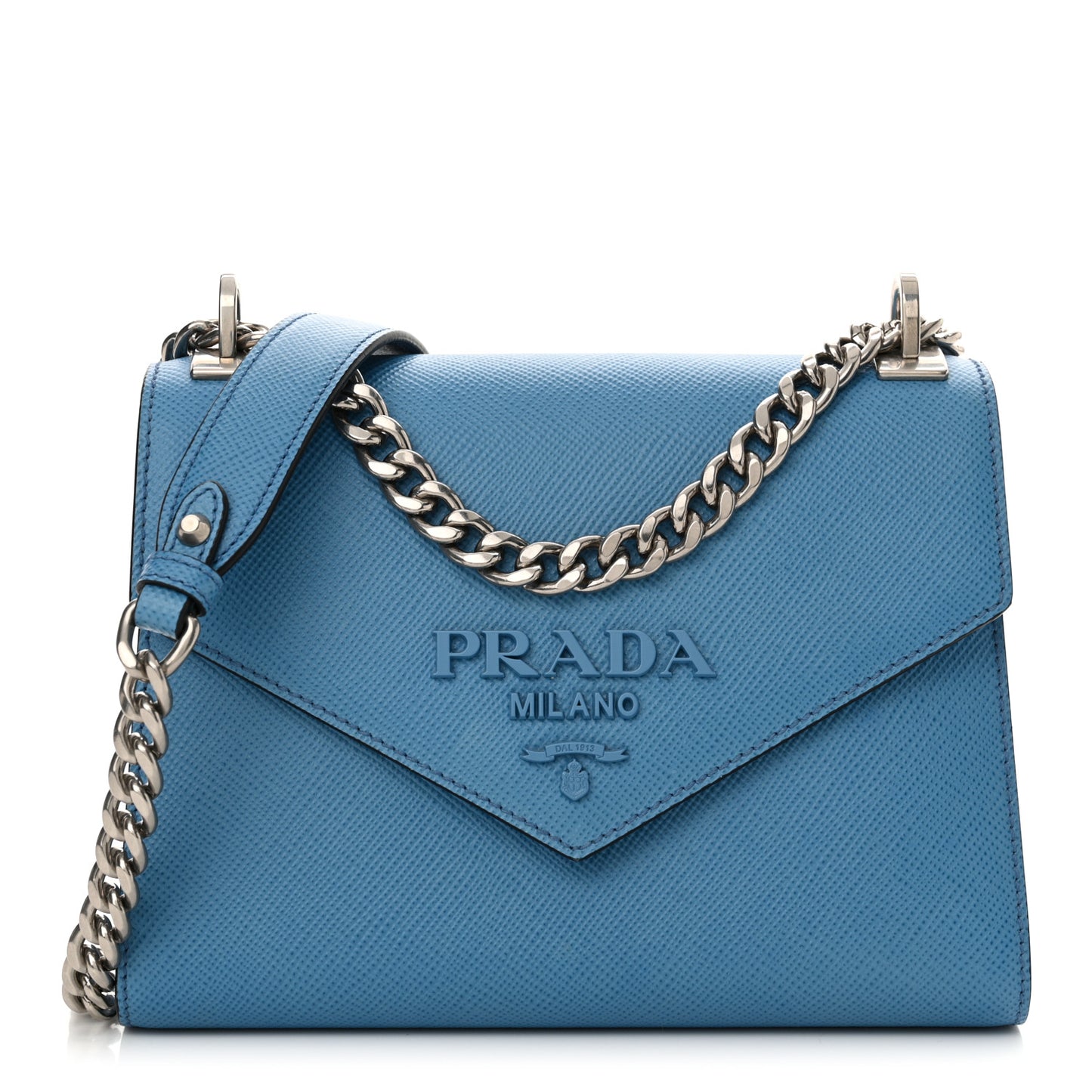Saffiano Cuir Calfskin Monochrome Envelope Flap Chain Shoulder Bag Cobalto