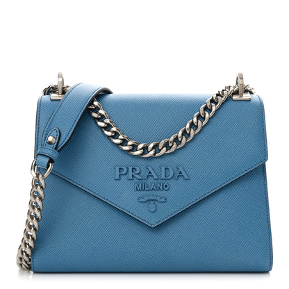 Prada Saffiano Cuir Calfskin Monochrome Envelope Flap Chain Shoulder Bag Cobalto 1 of 10