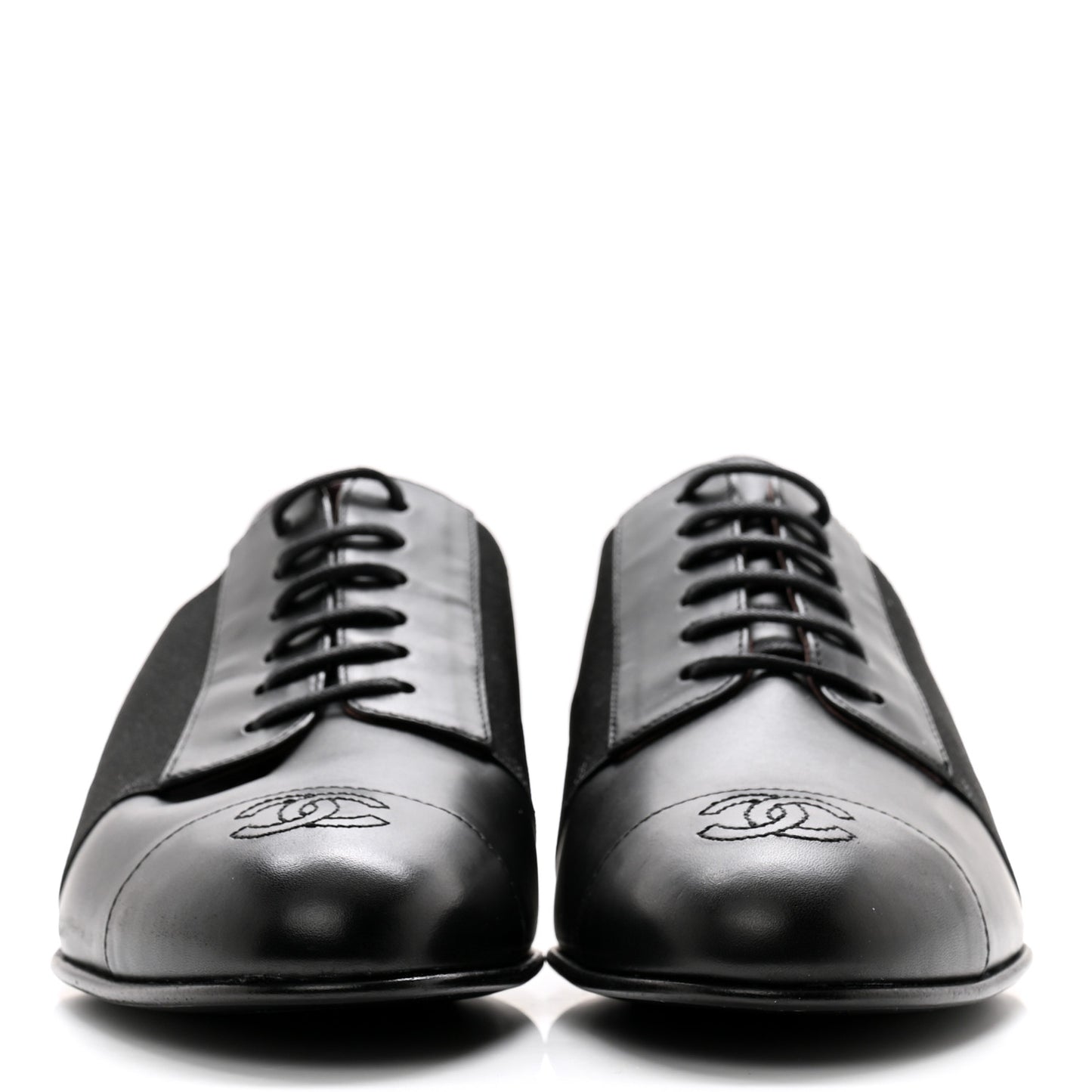 Calfskin Elastic Lace Up Cap Toe CC Loafers 38 Black