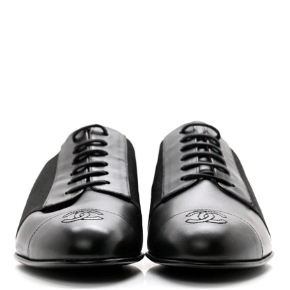 Chanel Calfskin Elastic Lace Up Cap Toe CC Loafers 38 Black 2 of 11