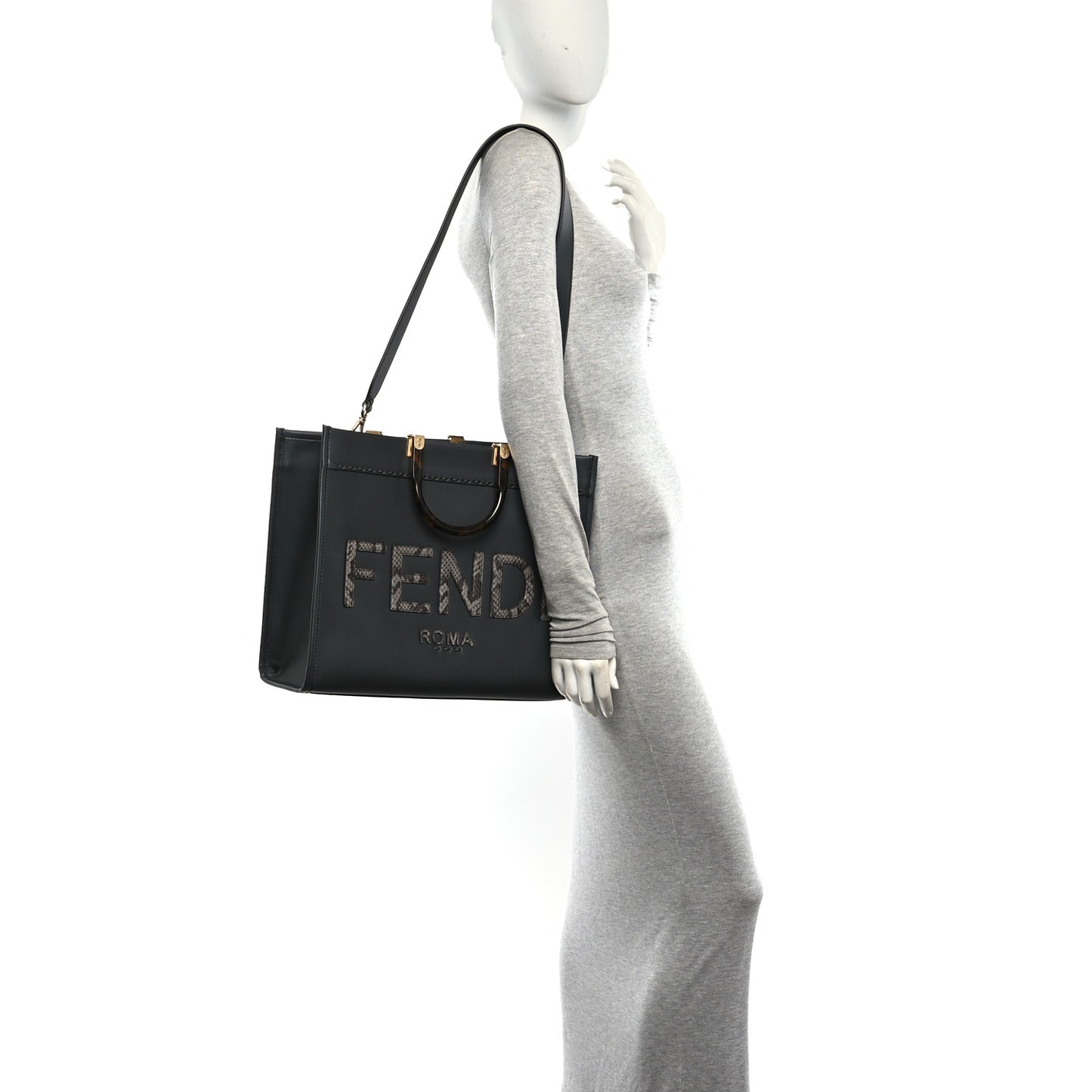 Vitello King Plexiglass Elaphe Python Print Logo Medium Fendi Sunshine Shopper Tote Dark Asphalt