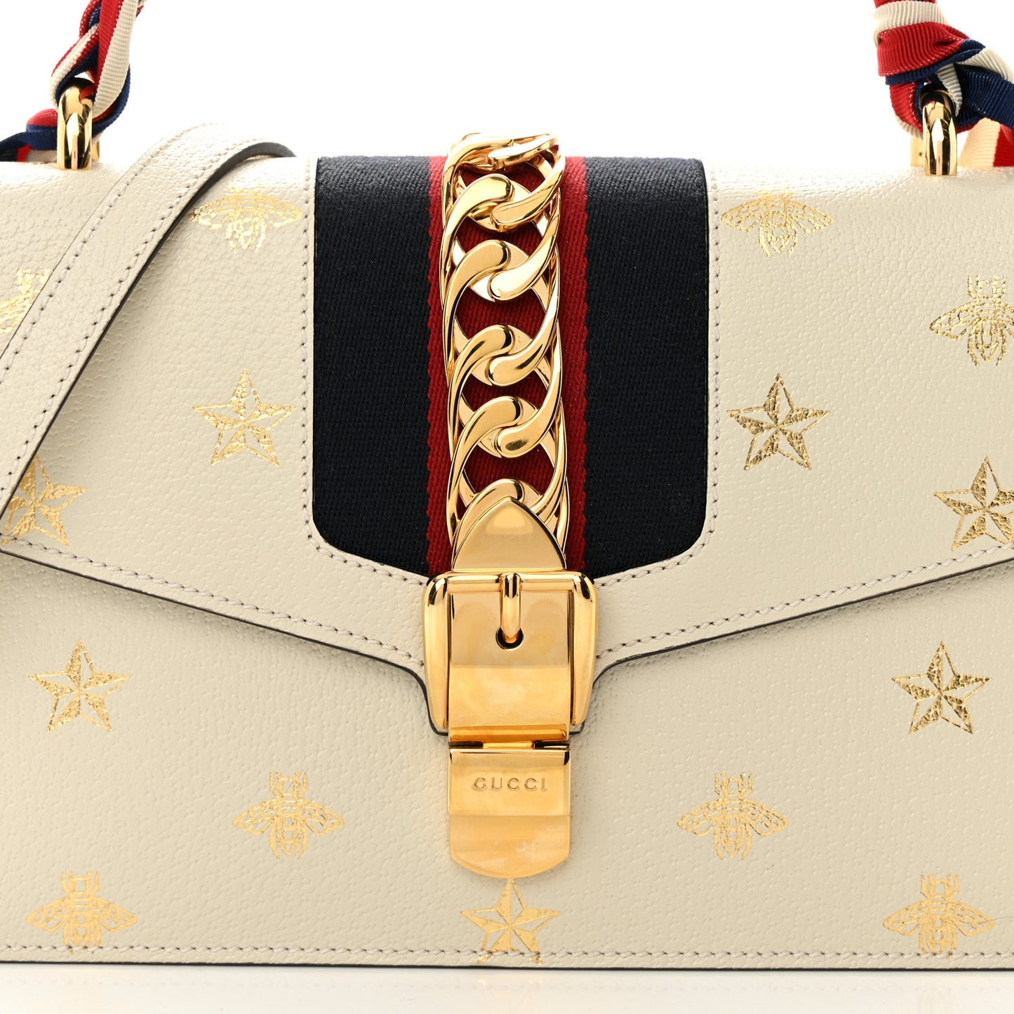 Textured Calfskin Bee Star Print Small Sylvie Shoulder Bag Mystic White