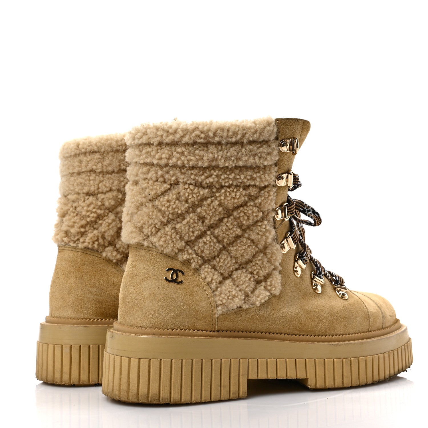Chanel Suede Shearling Quilted CC Combat Boots 38 Beige 4 of 8