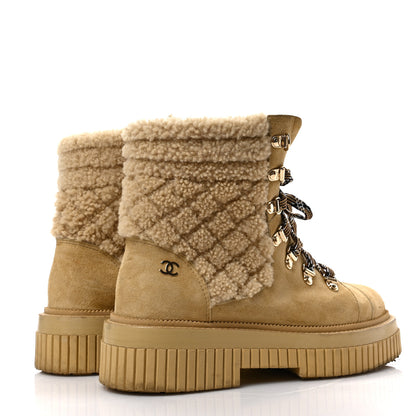 Chanel Suede Shearling Quilted CC Combat Boots 38 Beige 4 of 8
