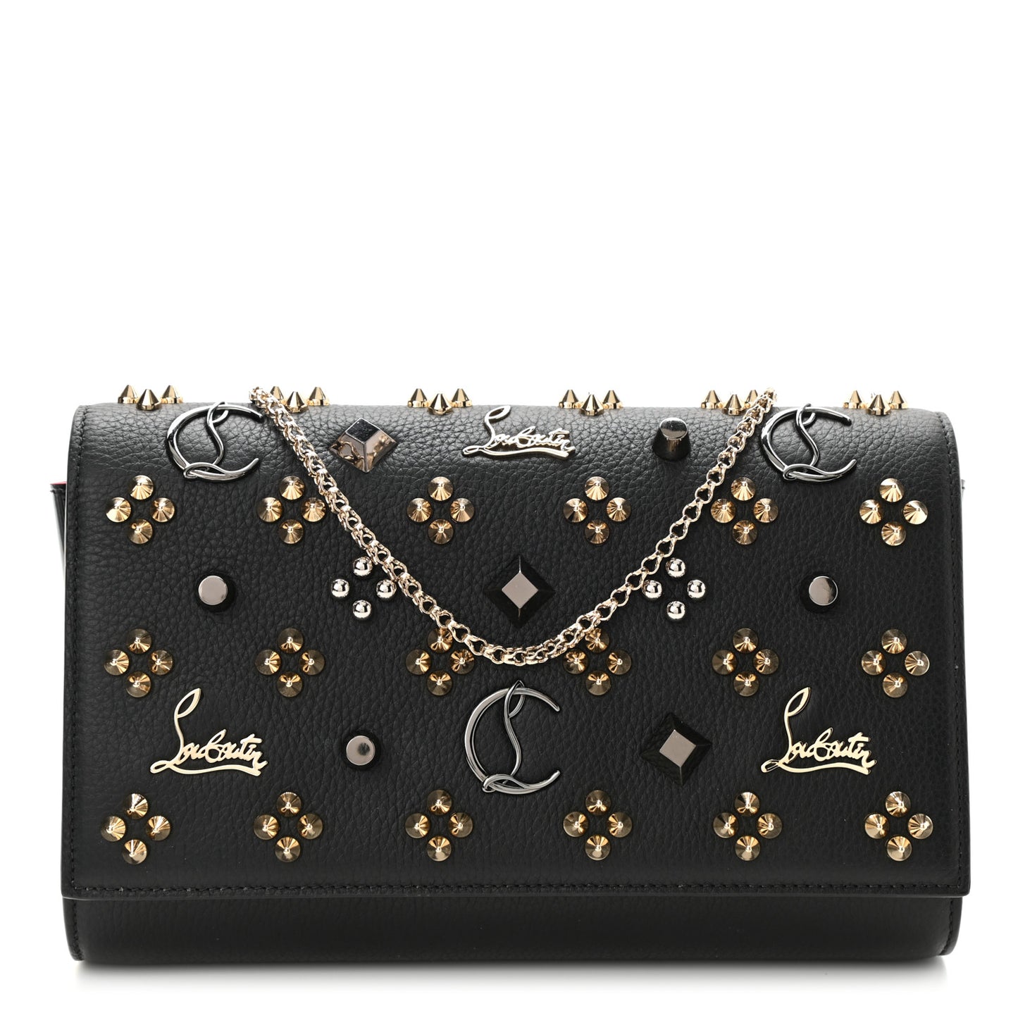 Grained Calfskin Spikes Loubinthesky Paloma Wallet On Chain Black Multimetal