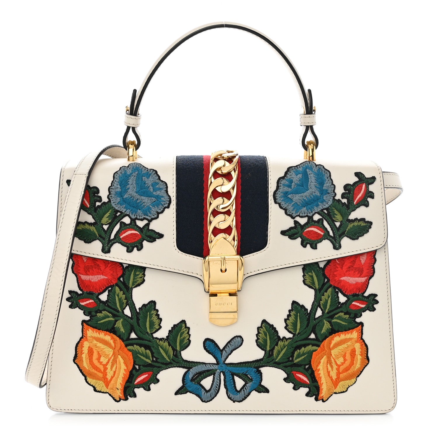 Gucci Calfskin Floral Medium Sylvie Top Handle Bag Off White 1 of 11