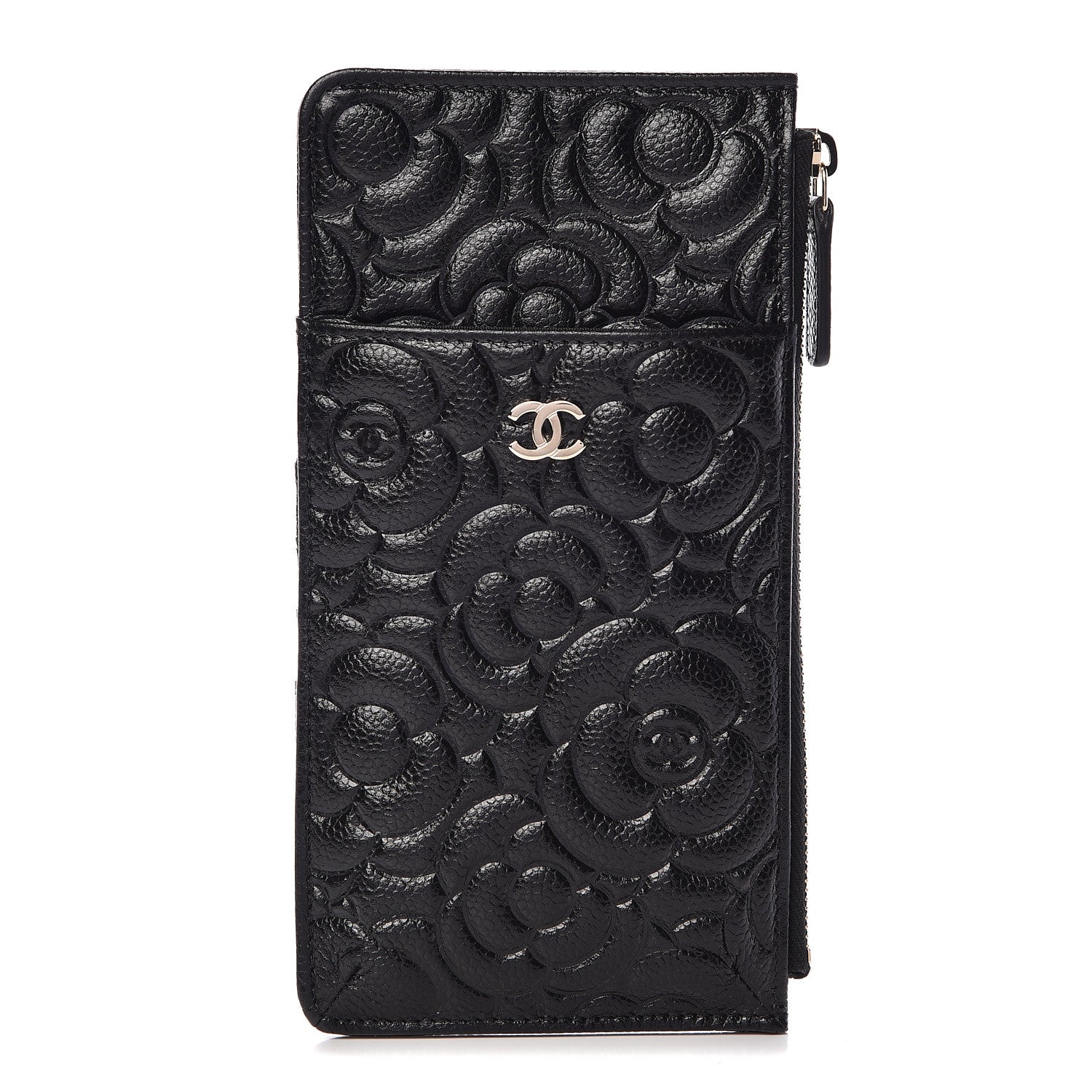 Chanel Caviar Camellia Embossed Classic Flat Wallet Pouch Black 1 of 8
