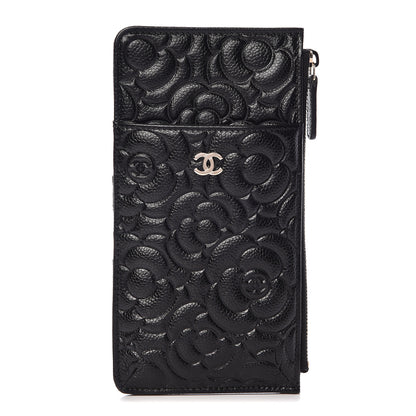 Chanel Caviar Camellia Embossed Classic Flat Wallet Pouch Black 1 of 8
