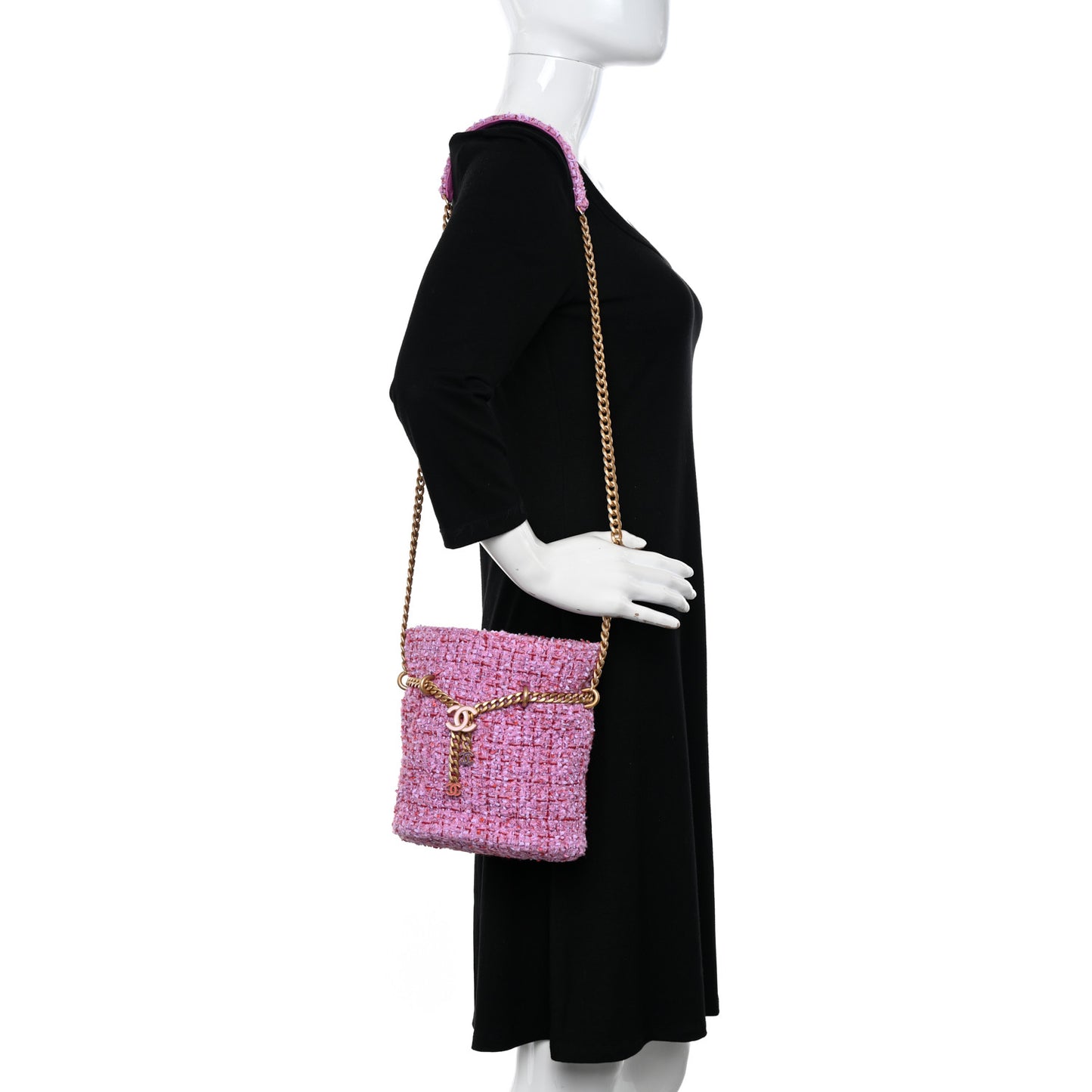 Tweed Enamel Quilted Pending CC Bucket Drawstring Bag Light Purple Pink Red