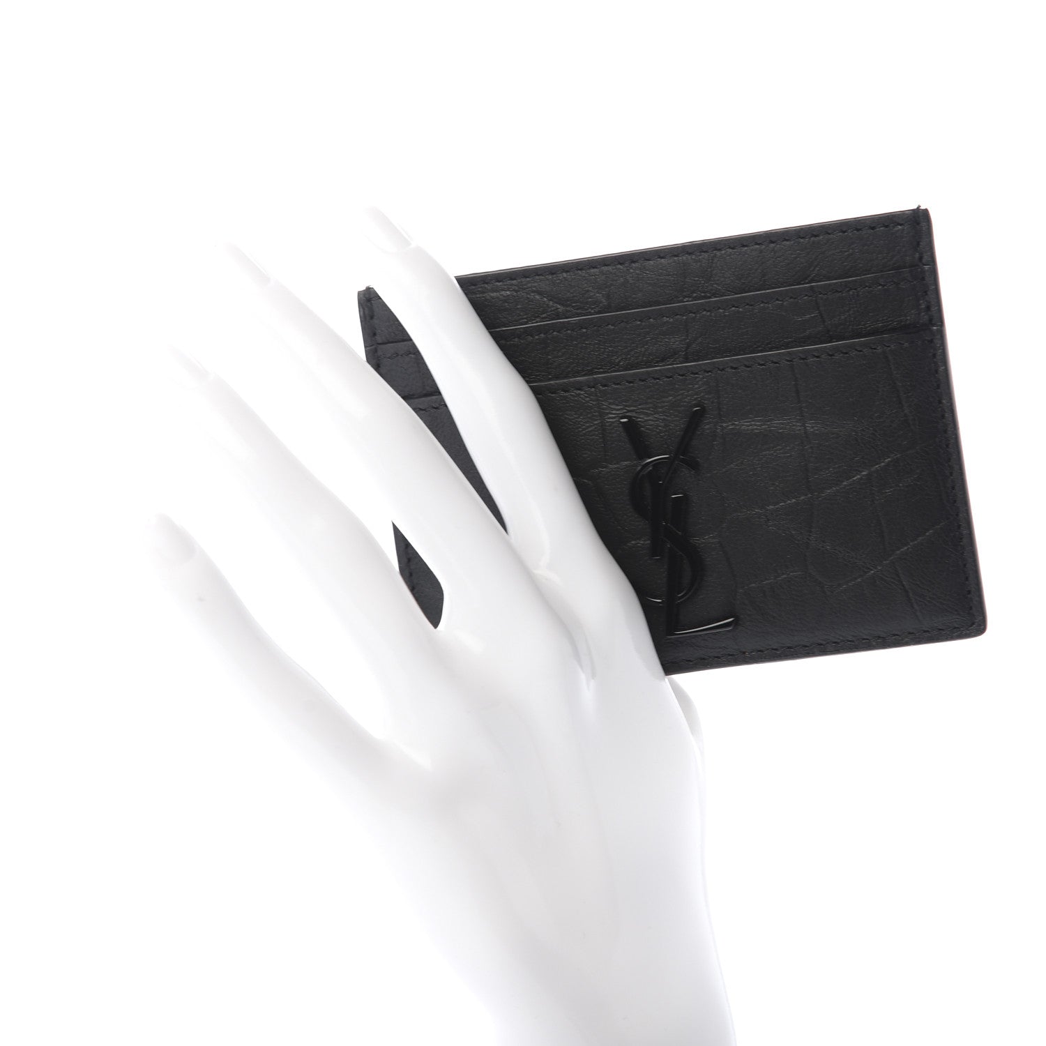 Saint Laurent Calfskin Crocodile Embossed Monogram Credit Card Case Black 2 of 6