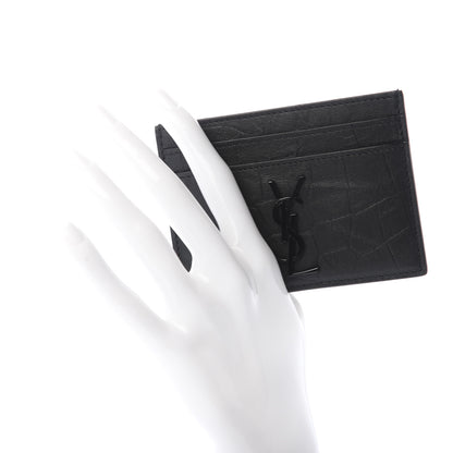 Saint Laurent Calfskin Crocodile Embossed Monogram Credit Card Case Black 2 of 6