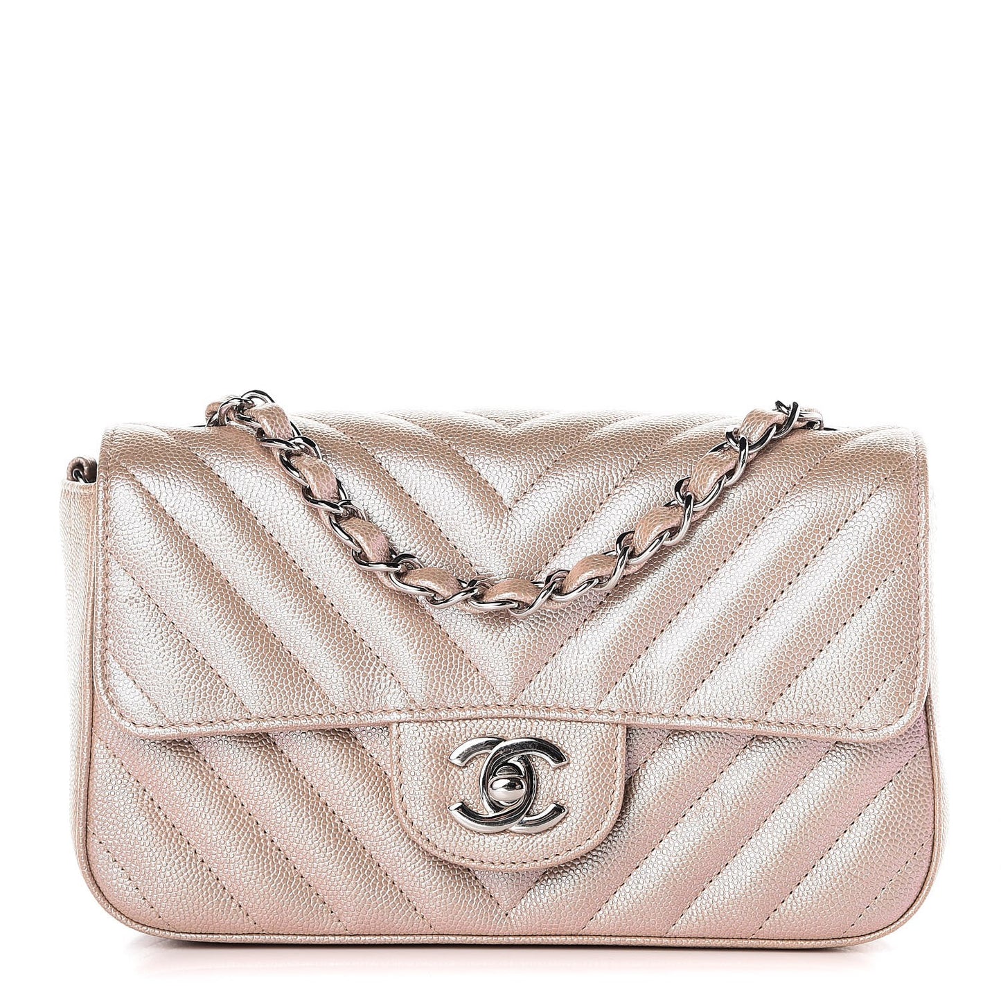 Iridescent Caviar Chevron Quilted Mini Rectangular Flap Light Gold