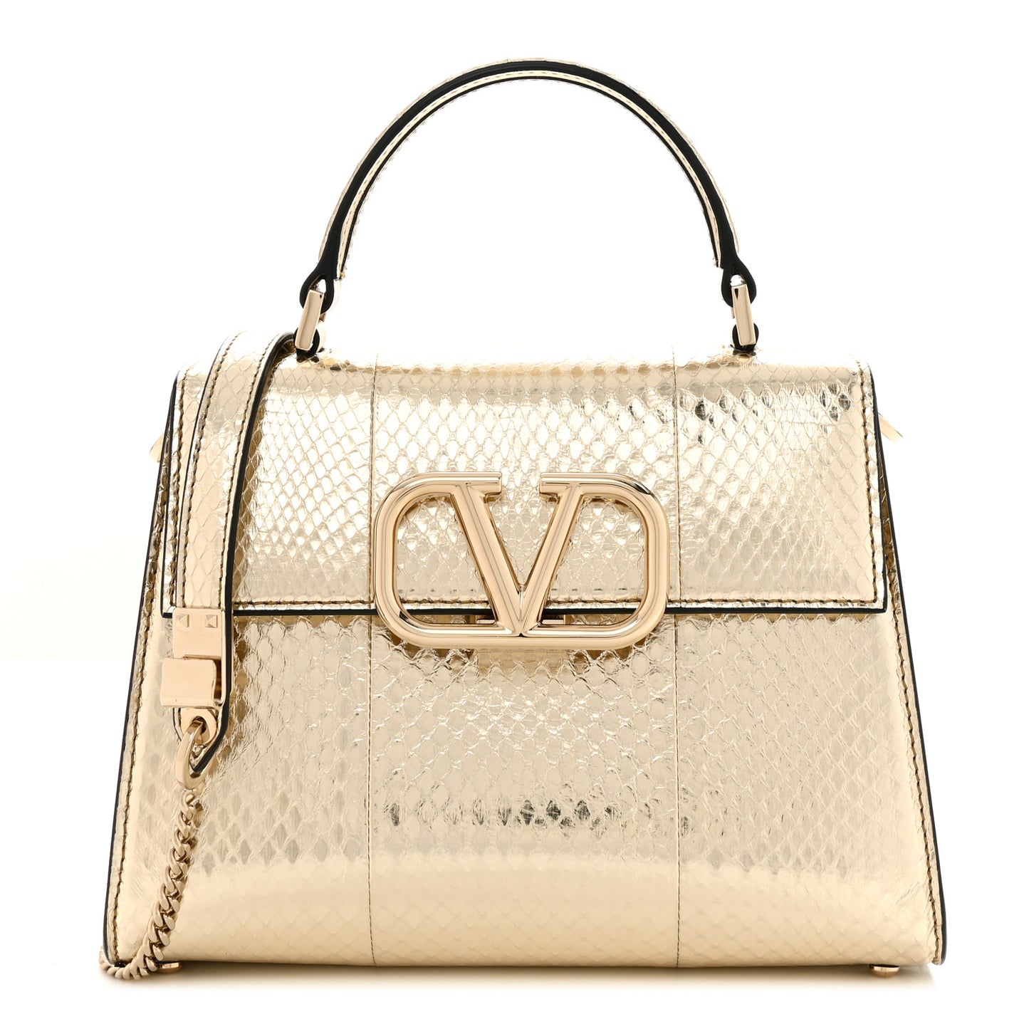 Metallic Calfskin Snake Embossed Mini VSling Top Handle Bag Gold