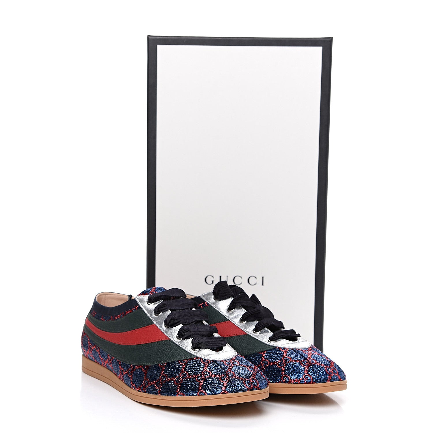 Gucci Lurex Calfskin Web GG Monogram Mens Falacer Sneakers 8.5 Iridescent Blue Iridescent Red Silver 10 of 10