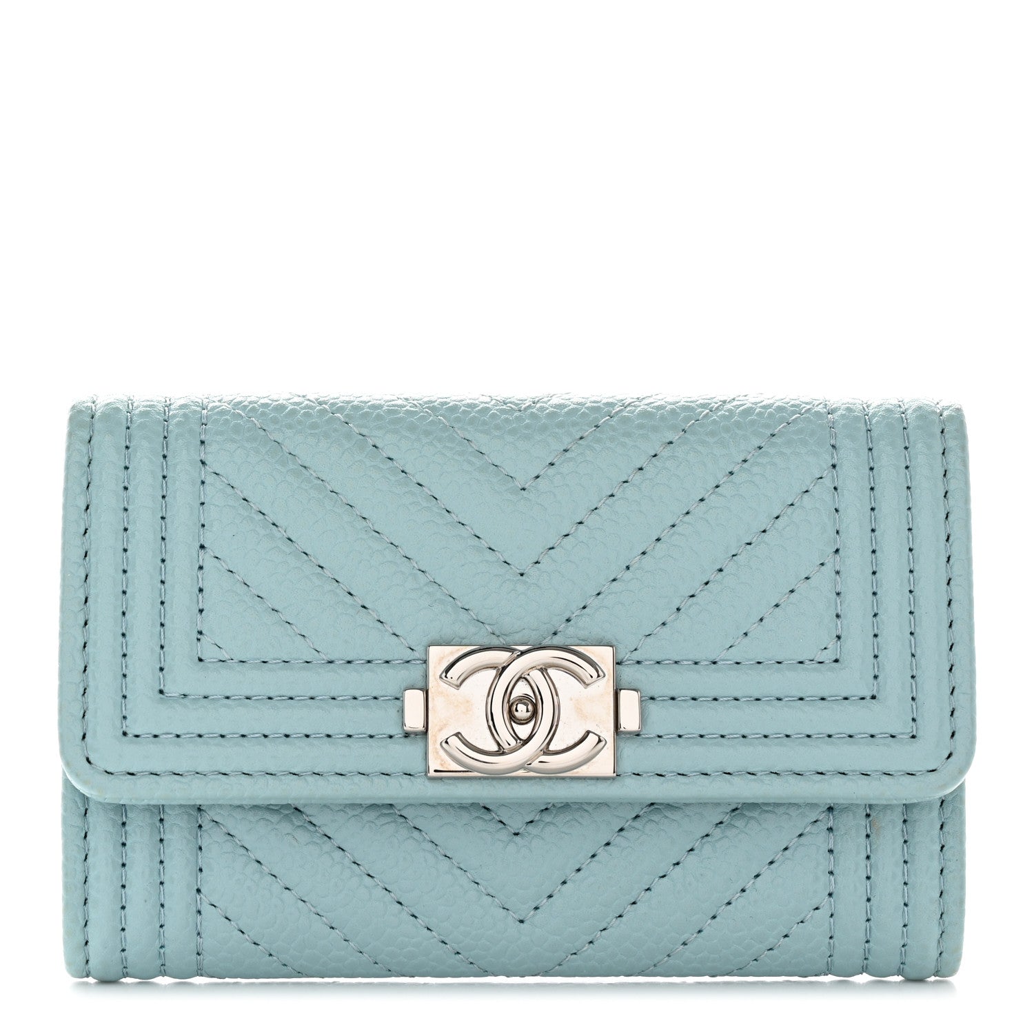 Chanel Caviar Chevron Quilted Boy Card Holder Light Blue 1 of 14