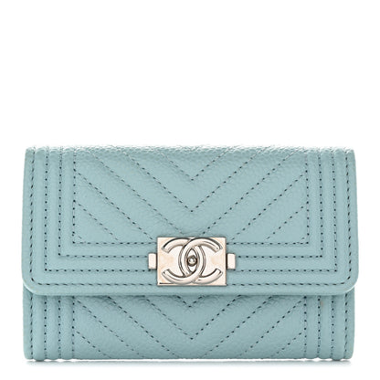 Chanel Caviar Chevron Quilted Boy Card Holder Light Blue 1 of 14